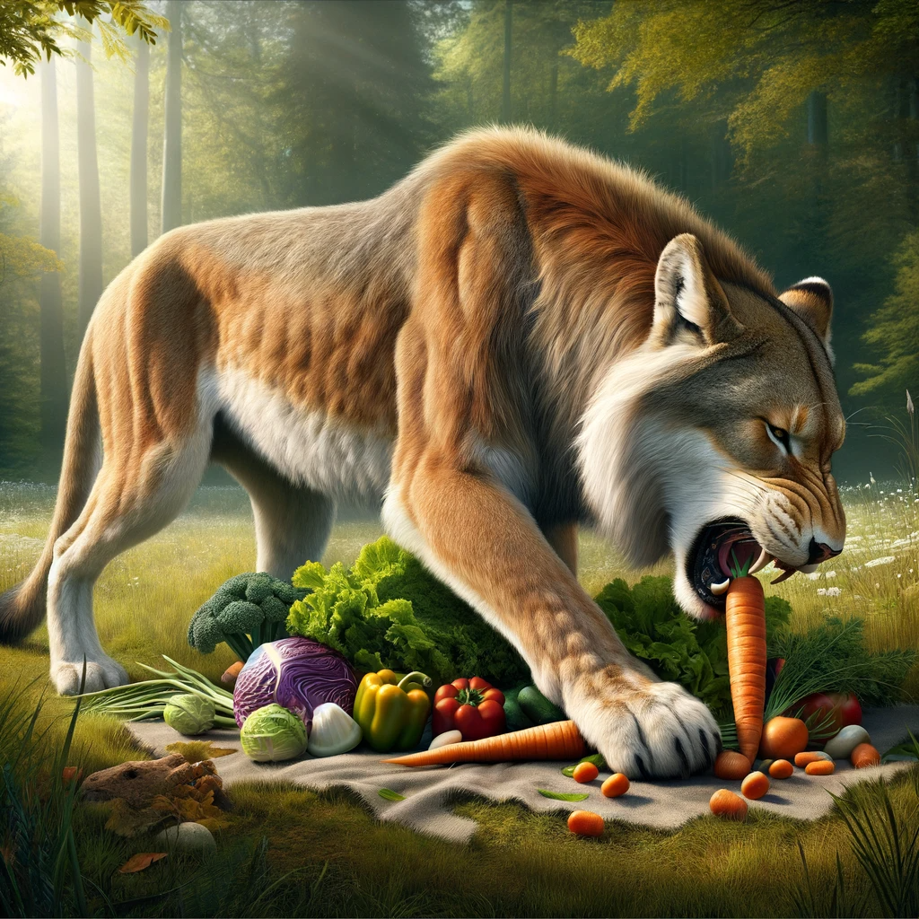 genetically reformed lion eating vegetables